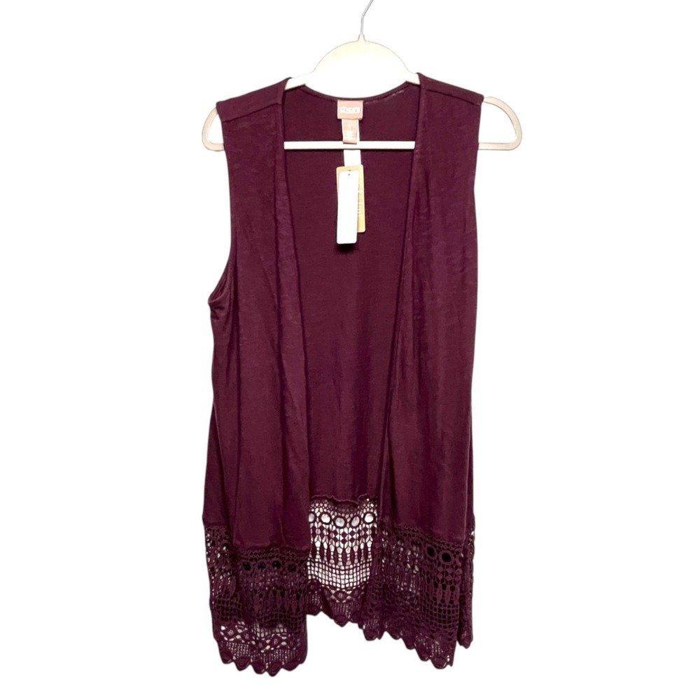 Chicos Cotton Slub Lace Hem Vest Solid Royal Bordeaux Size 1 Medium NEW